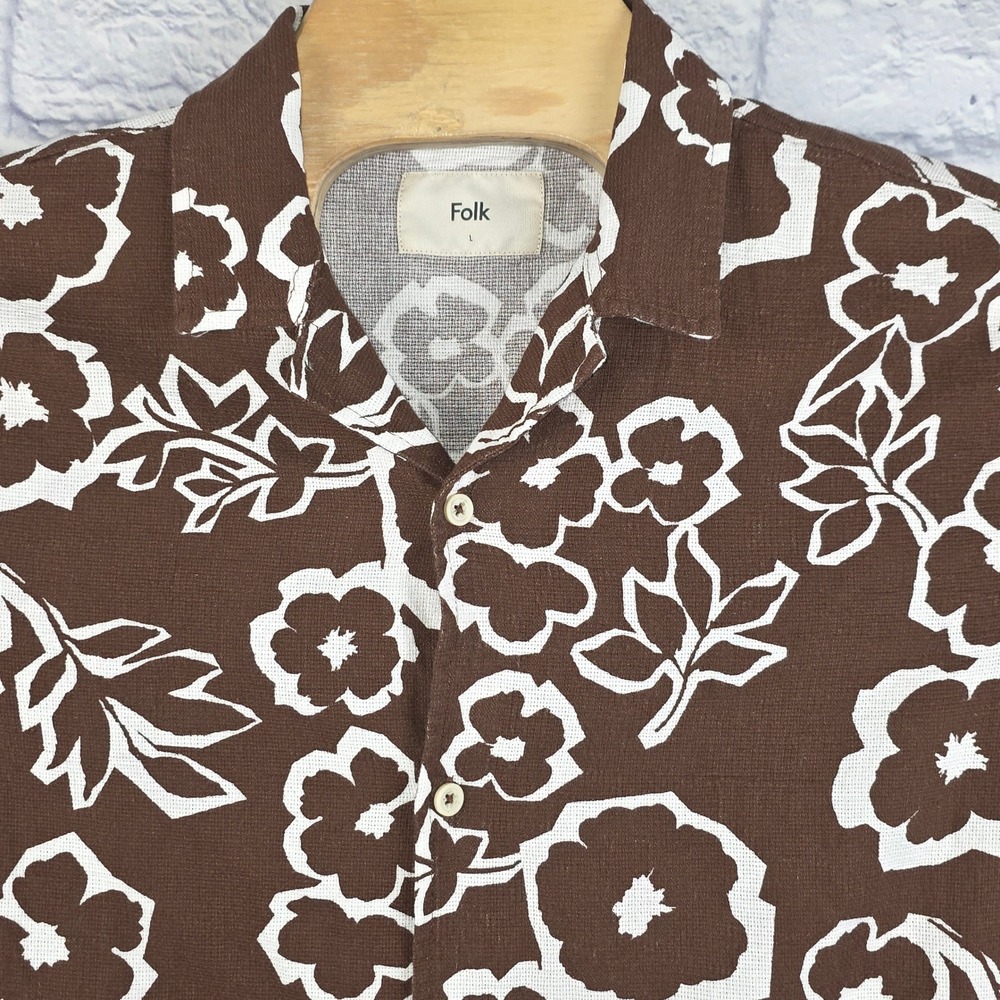 Folk Hugo Mens Brown Mesh Floral Cotton Short Sleeve Camp Collar Button Shirt L